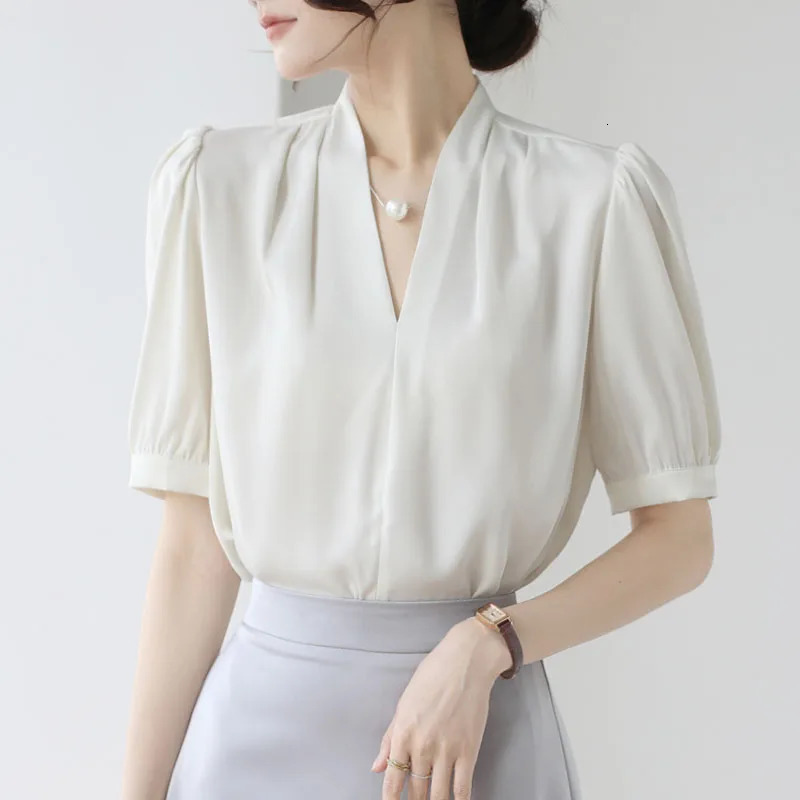 Fashion Summer Short Sleeve VNeck Women Blouse White Shirt Tops Blouses Shirts Womens Camisas P856 250614