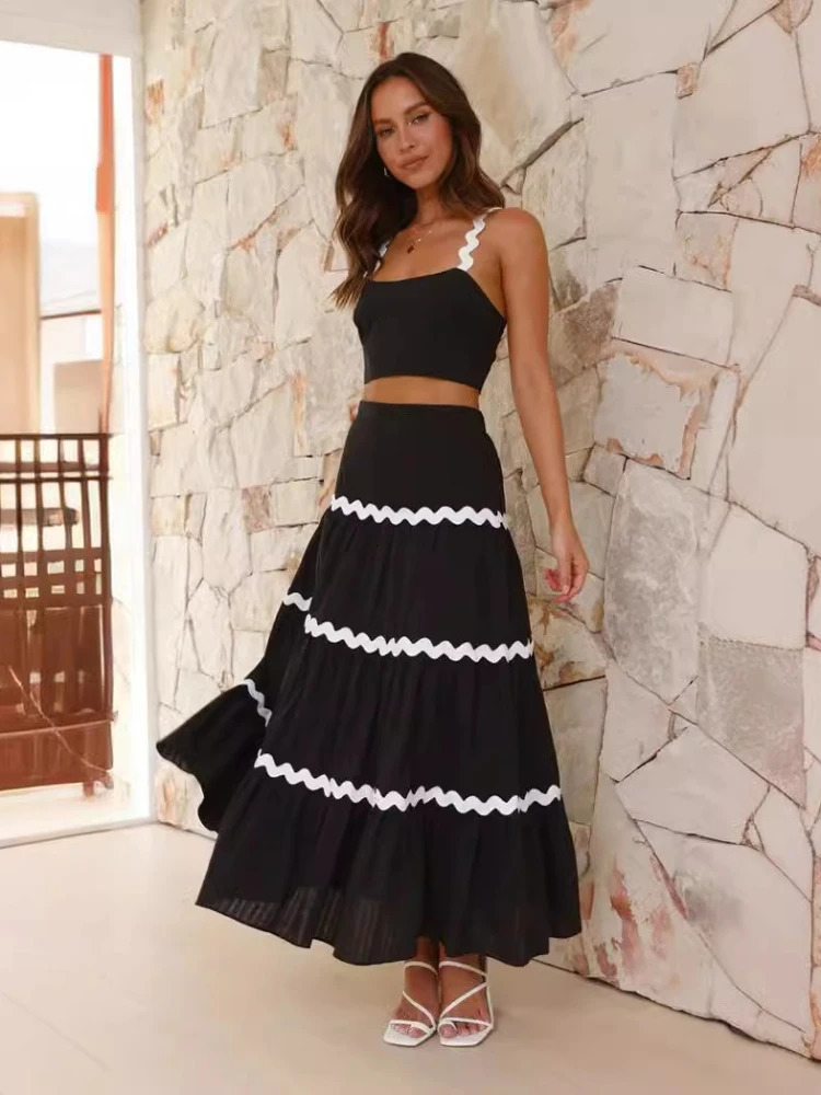 Summer Bohemian Womens Sexy Fashion Two piece Set Ripple Bra Big Swing Half Skirt Vacation Style Two piece Set 250609