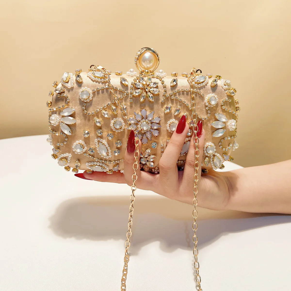 Vintage Style Embroidery Satin Evening Bags Rhinestones Party Small Clutch Handbags Metal Pearl Diamonds Flap Golden Purse 250614