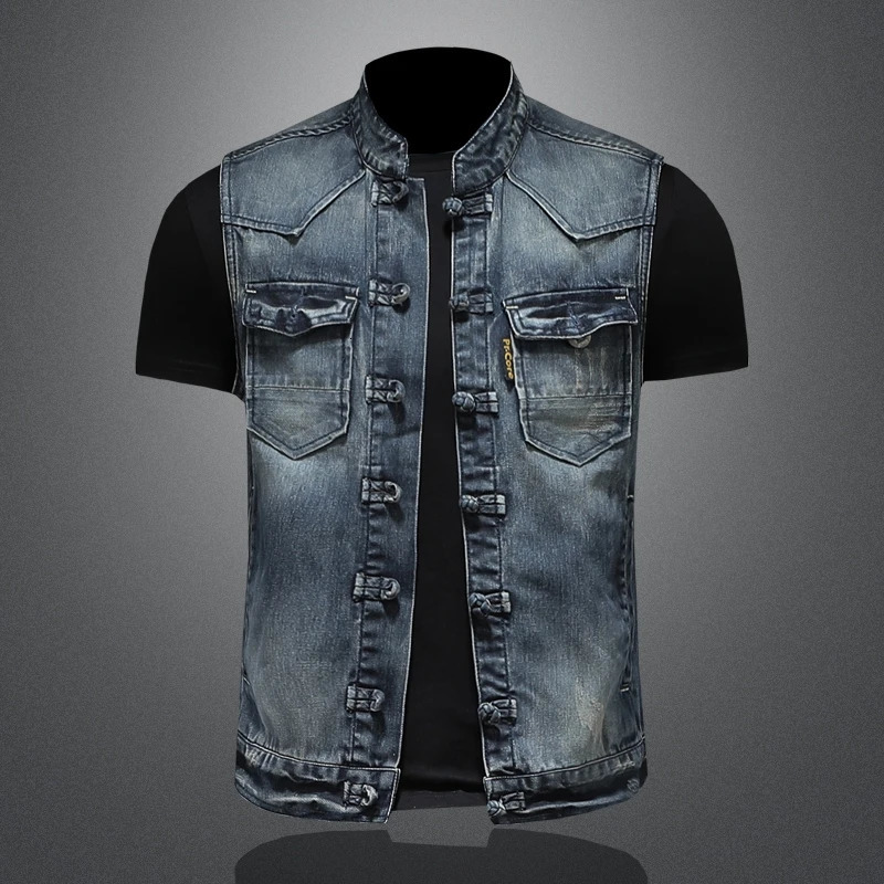 Mens Casual Style Denim Vest Fashion Handsome Trend Solid Color Disc Buckle High Quality Boutique Everything 250614
