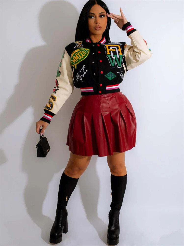 Black Fashion Fall Jackets For Women Buttons Crop Top Jackets Coats Patchwork Varsity Bomber Jackets Streetwear 250614