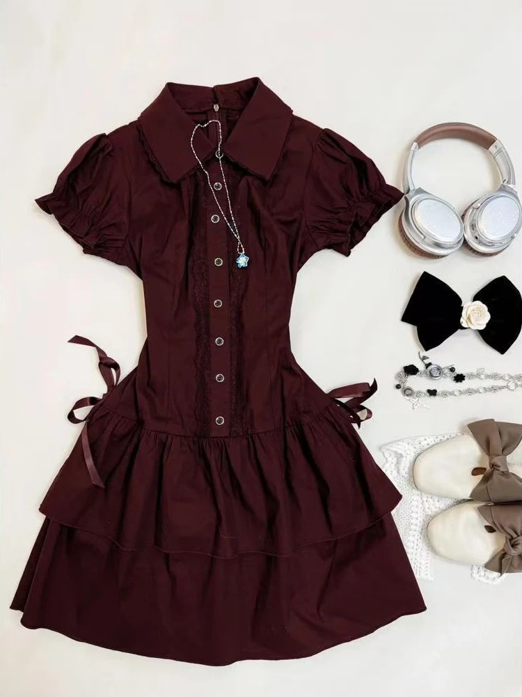 Vintage Black High Street Patchwork Dress Women Summer Gothic Slim Bow Short Sleeve Dresses Female Fashion Retro Lapel Outfits 250611