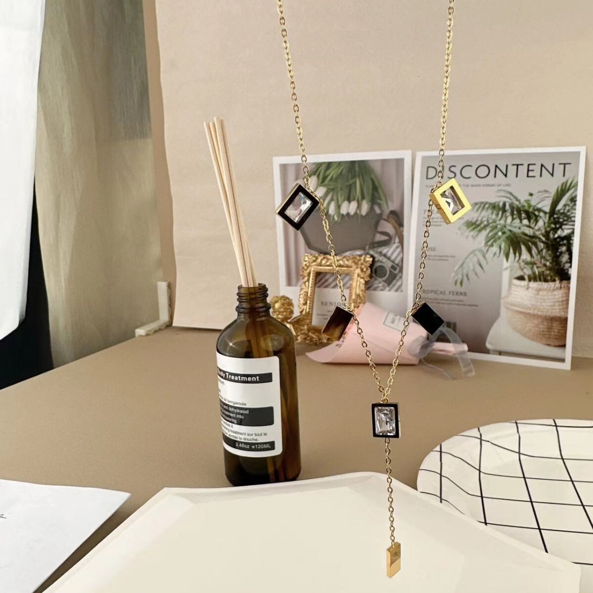 Fashion Light Style Personality Dia-Encrusted Rectangular Tassel Necklace for Women Niche Titanium Steel Non-Fading Jewelry