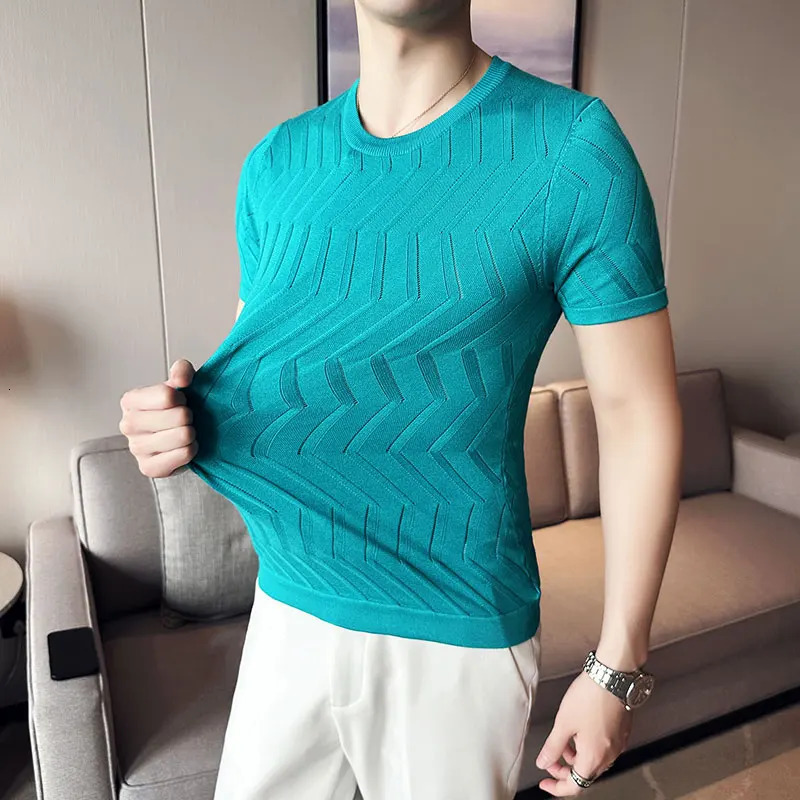 Summer Fashion Hollow Knitted Short Sleeve T-Shirts For Men Clothing O-Neck Breathable Casual Slim Fit Tee Shirt Homme Sale 250614