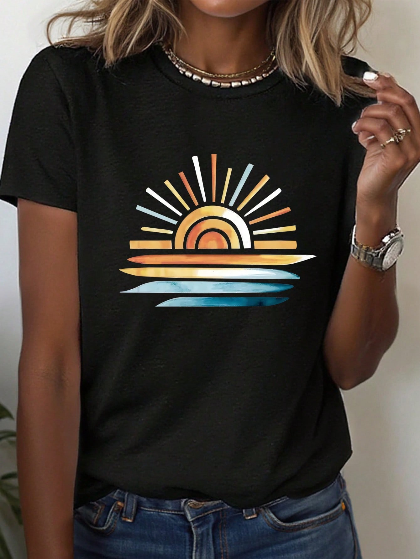 INAWLY Women's Sun Print Casual Versatile Round Neck Short Sleeve T-Shirt