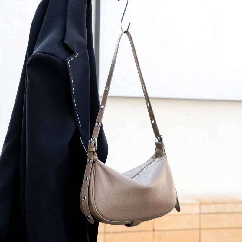 Women's Real Cow Leather Underarm Shoulder Bag, High-Quality Fashionable Half Moon Handbag First Layer Cowhide Crossbody Hobo