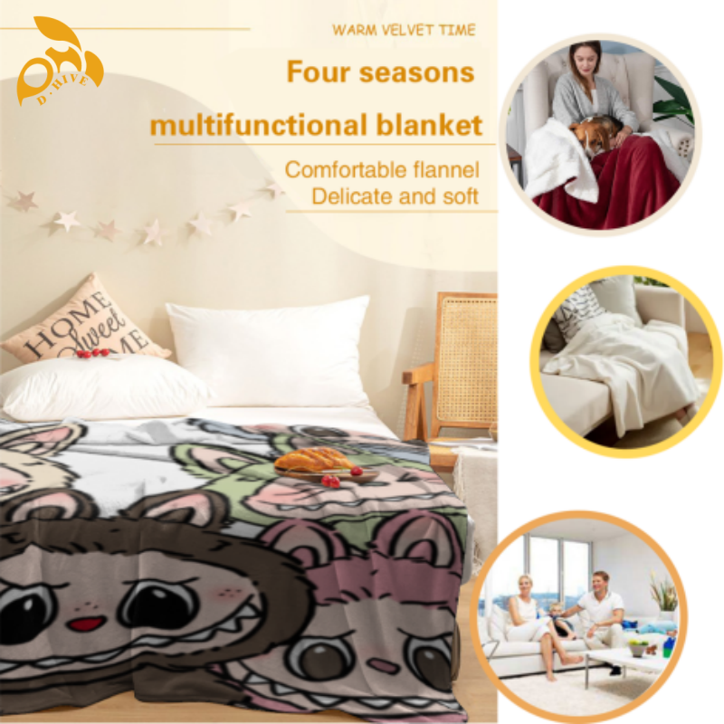 Free shipping fashion blanket 280g flannel blanket 30x40 Inch warm custom Labubu pattern blanket is not easy to wear and fade Customize Blankets