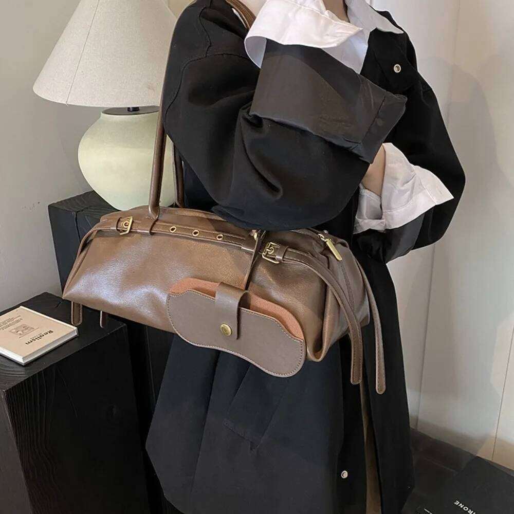 Color PU Leather Casual Boston Handbag Belt Buckle Women Solid Bowling Retro Tote Shoulder Underarm Bag