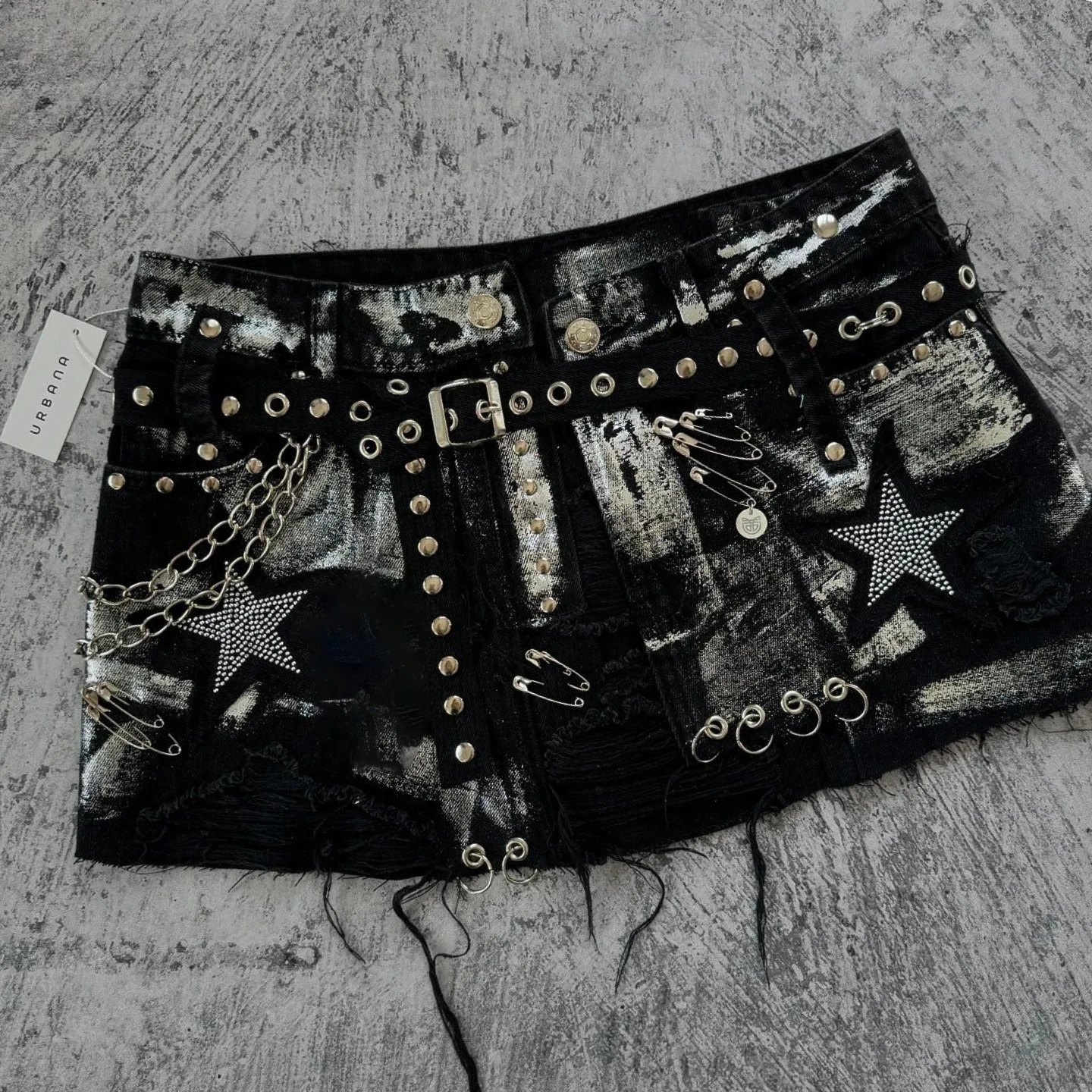 Y2k Streetwear Short Skirt Women Retro Washed Rhinestone Sequin Loose Denim Shorts Gothic Harajuku High Waist Slim Mini 250612