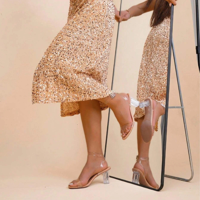 Womens Large Size Sandals 35-42 Thick Heel Pointed Buckle Transparent One Strap High Heels 8.2 Cm Fashion Sandals Crystal Shoes 250610