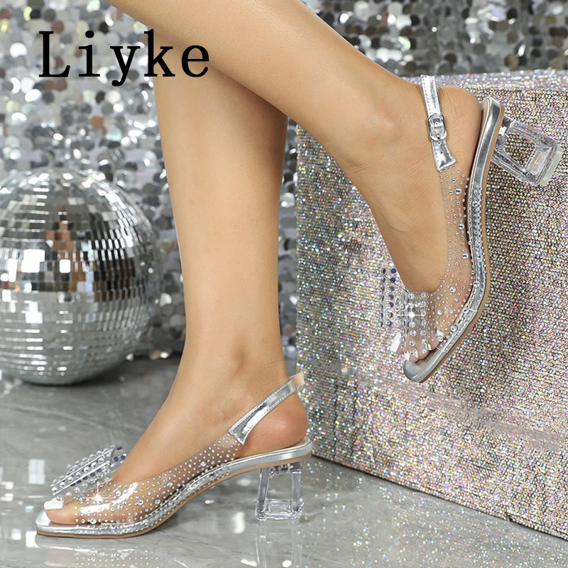 Liyke Size 36-43 Transparent Sandals For Women Summer Fashion Crystal Rhinestone Butterfly Knot High Heels Party Dress Shoes 250610