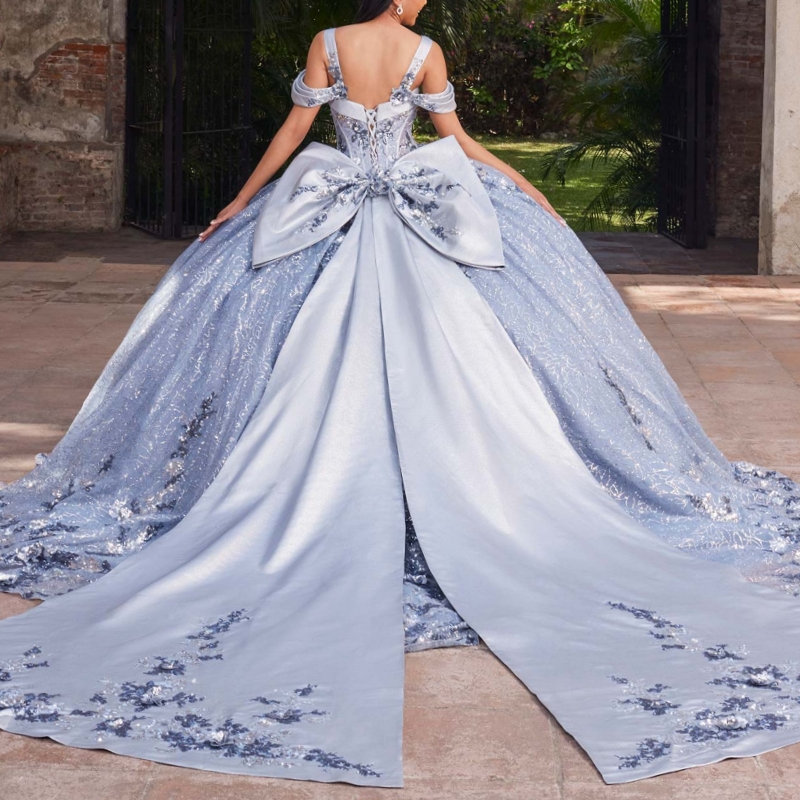 Navy Blue Quinceanera Dresses Ball Gown Off The Shoulder Applique Lace Beading Crystal Bow Tull Sweet 16 Dress Vestidos 15 De Anos