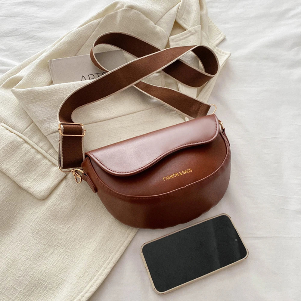 Women Vintage Solid Color Flap Small Saddle Shoulder Underarm Bag Fashion PU Leather Wide Strap Crossbody ADH 250614