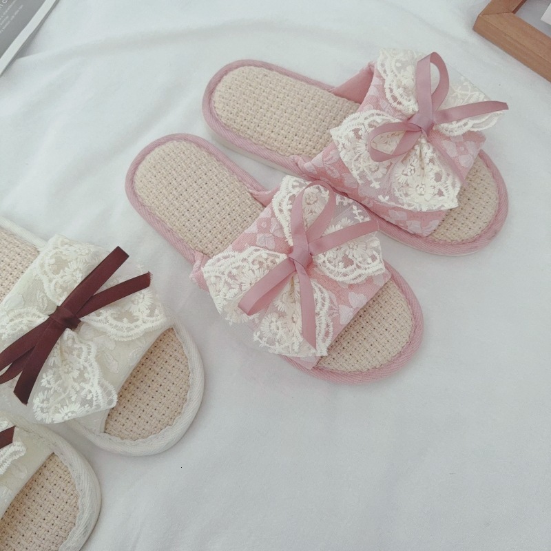 Ladies' breathable linen slippers, spring and summer lace bow shoes, indoor non slip sandals, designer sandals, cotton and linen slippers