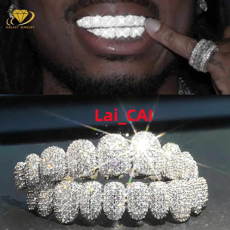HipHop Jewelry Moissanite Grillz 10 Top 10 Bottom Invisible Set 925 Silver White Gold Plated Iced Out Mossanite Grillz for Teeth