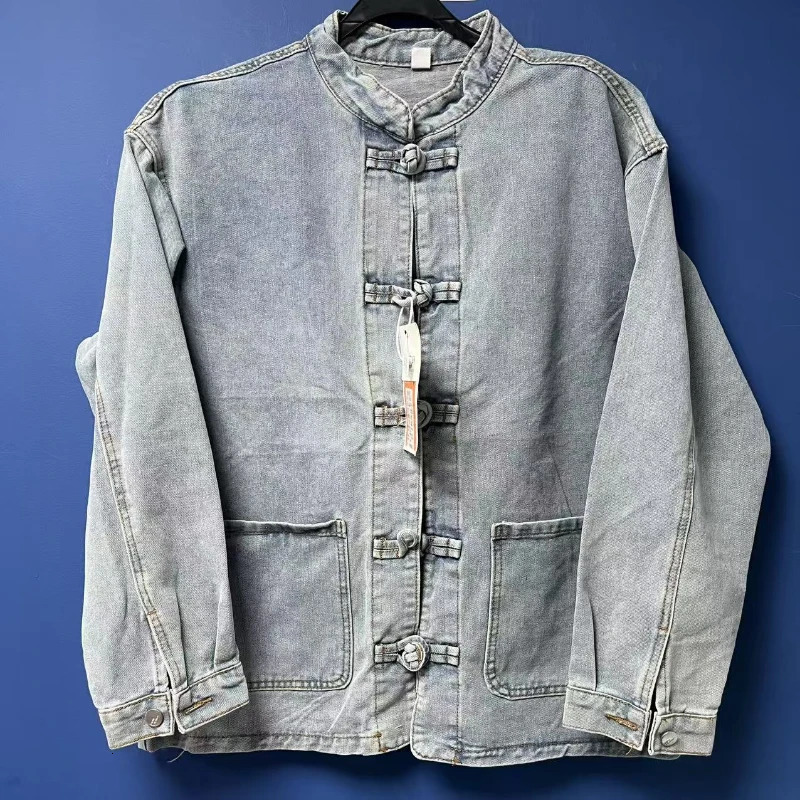 Streetwear Fashion Mens Spring and Autumn Jackets Washed Denim Tops Baggy Jacket Men Chinese Kung Fu Tang Suit Casual Coat Male 250614