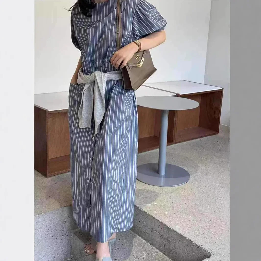 Casual Korean Style Striped Short Sleeve Loose Dress Summer Fashion Womens Ankle-length Dress Empire Waist Bubble Sleeve 250613