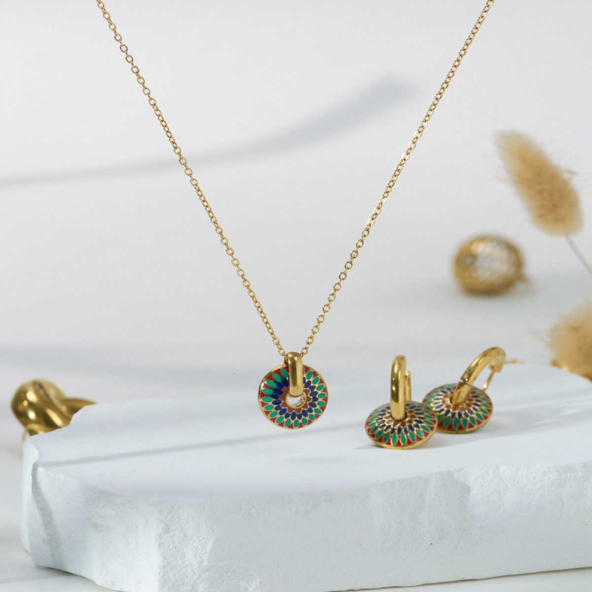 Fashion Enamel Colorful Chrysanthemum Pattern Necklace and Earrings for Women, Niche Design with High-end Feel, Titanium Steel Non-fading Jewelry