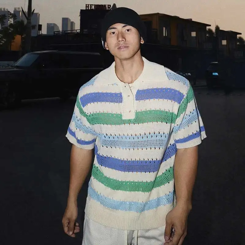 FEWQ Summer Mens T-shirts Lapel Hollow Out Colorful Striped Button Short Sleeved Niche Male Tees Vintage 24K3129 250614