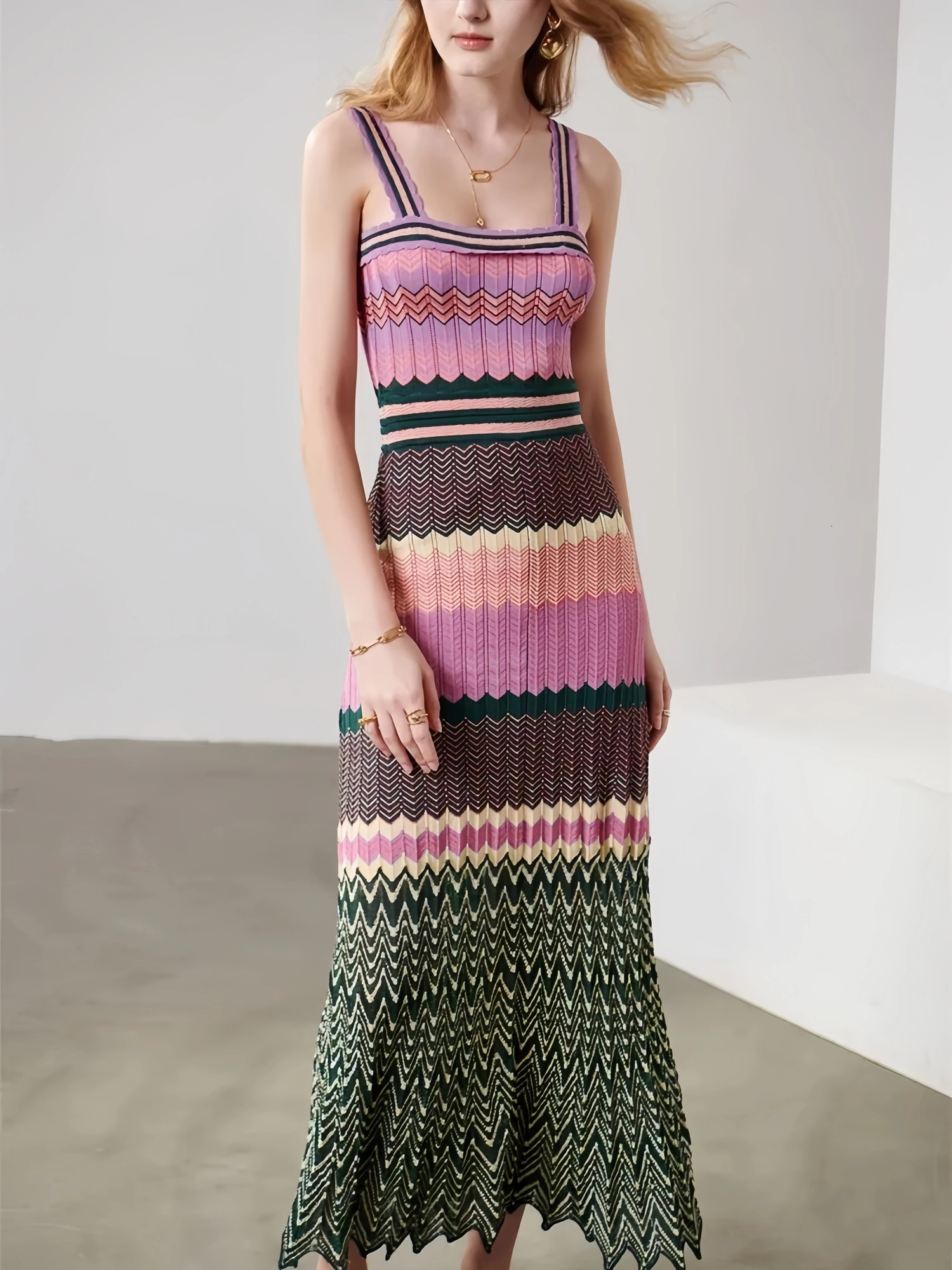 y Arab Women Strap Tank Long Zigzag Casual Vacation Fancy Boho Maxi Dress Elegant Vintage Sundress Female Holiday Clothing 250611