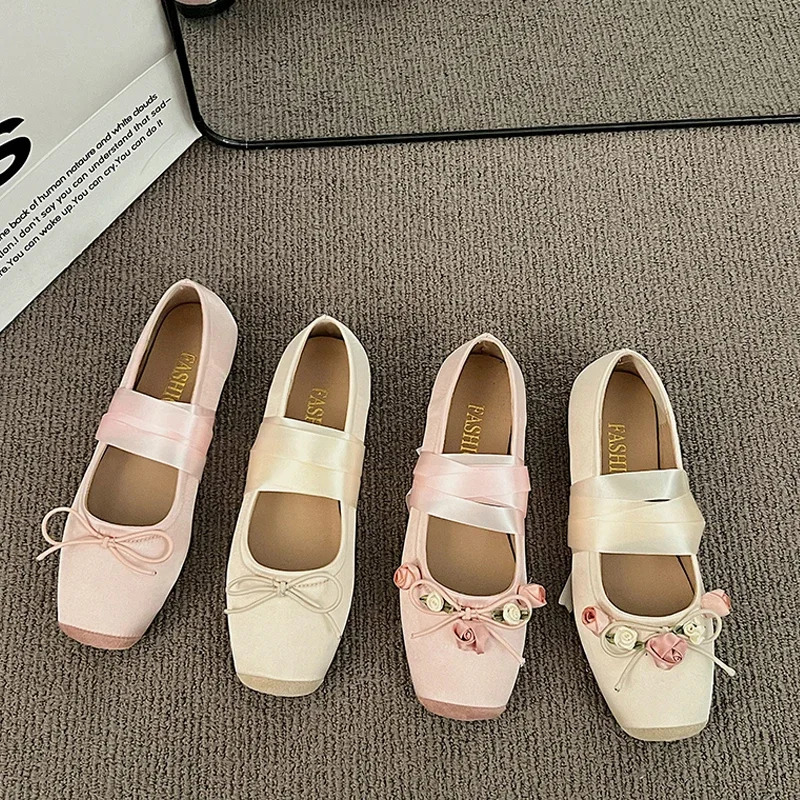 Lace Tie Leg Satin Silk Ballet Flats Woman Square Toe Bowknot Elastic Band Ballerinas Ladies Wedding Floral Shoes 250613