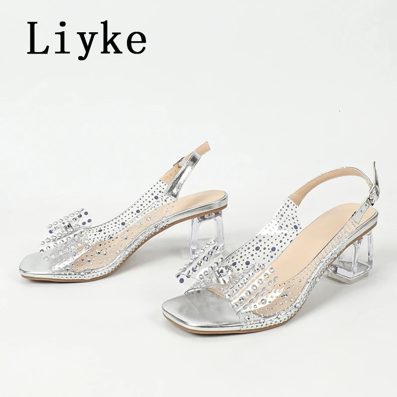 Liyke Size 36-43 Transparent Sandals For Women Summer Fashion Crystal Rhinestone Butterfly Knot High Heels Party Dress Shoes 250610