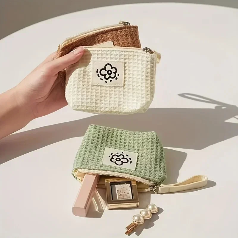 1PC Simple Flower Small Coin Purse Portable Bag Cute Waffle Grid Coin Purse 250614