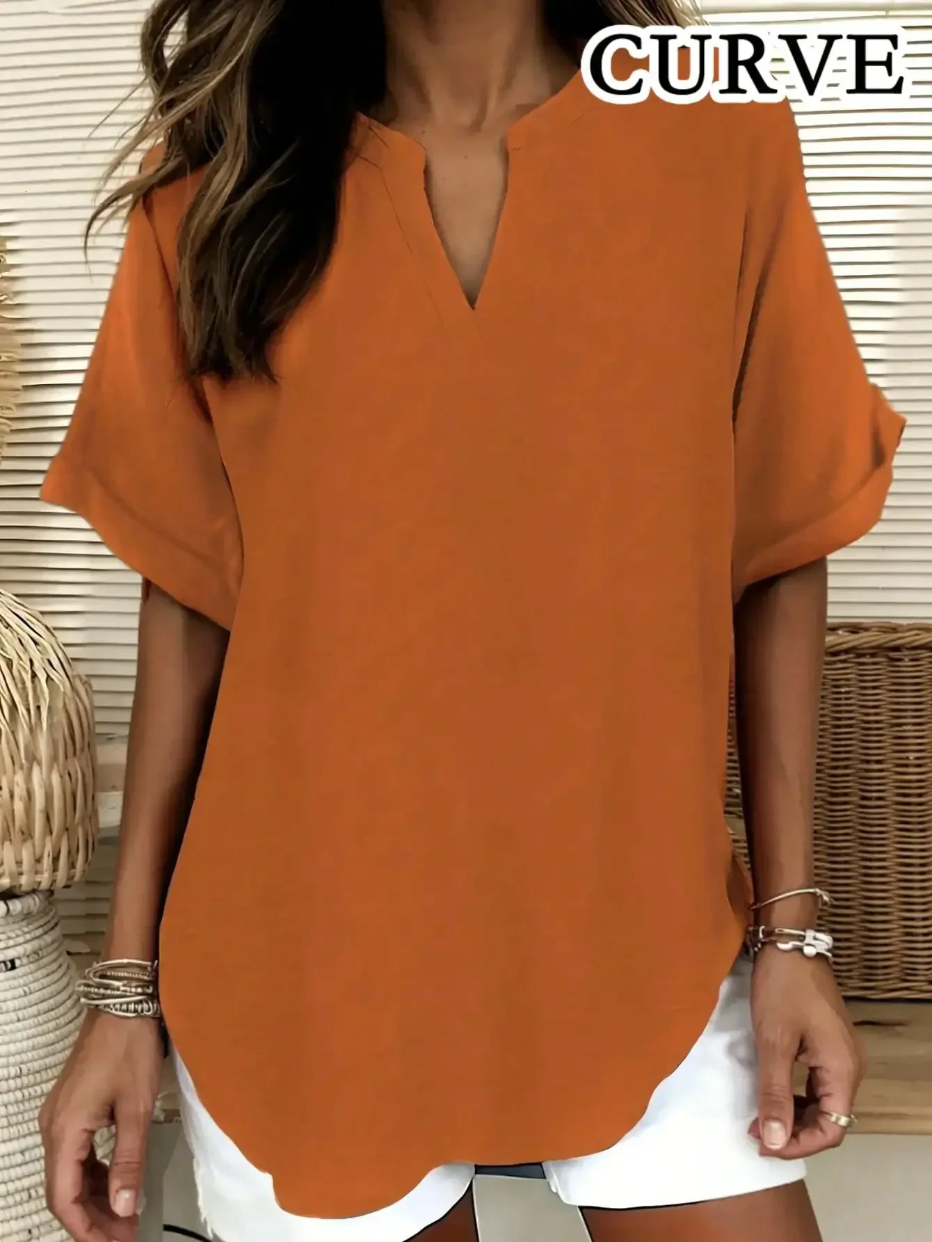 Plus Size 1XL5XL Womens Fashion Solid Color Notched Top Ladies Casual Short Sleeve Comfort VNeck Blouse Shirt Tops 250614