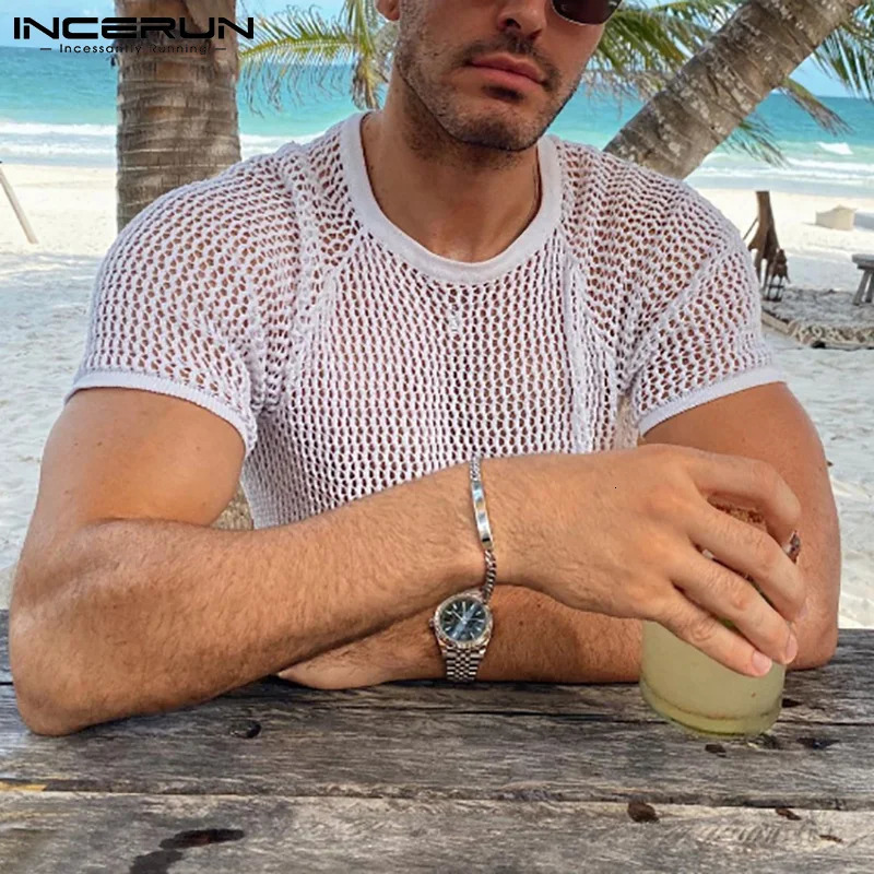 INCERUN Men T Shirt Solid Color Hollow Out See Through Sexy Short Sleeve O Neck Tee Tops Streetwear Casual Party Camisetas 250614