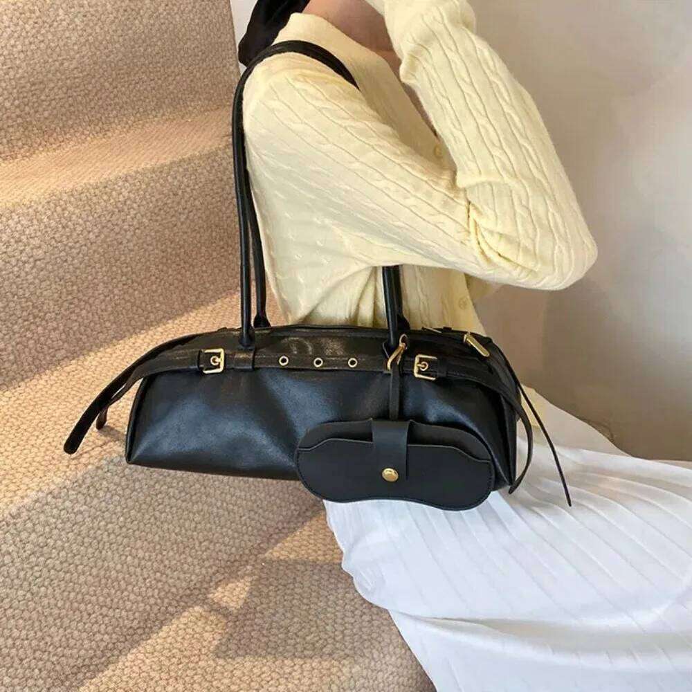 Color PU Leather Casual Boston Handbag Belt Buckle Women Solid Bowling Retro Tote Shoulder Underarm Bag