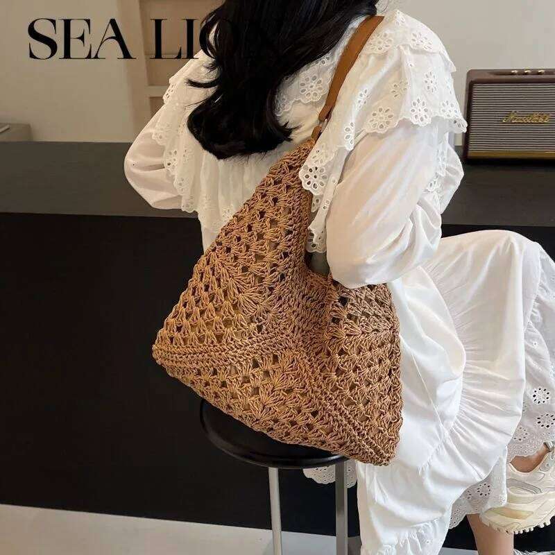 Summer Straw Hollow Out Hobo Large Vacation Bag Solid Color Holiday Travel Handbag Boho Shoulder Purse For Women