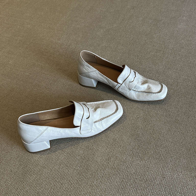 Cowhide White Loafers 2025 Spring and Autumn New hot Slip-On Casual Leather High Heel French Style Single Shoes for Women