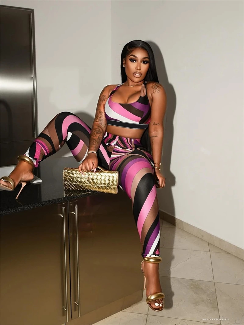 Stylish Lady Contrast Color Striped Printed 2 Piece Set Women Sleeveless Crop Top and Skinny Pant Suits 2025 Summer Sexy Outfits 250614
