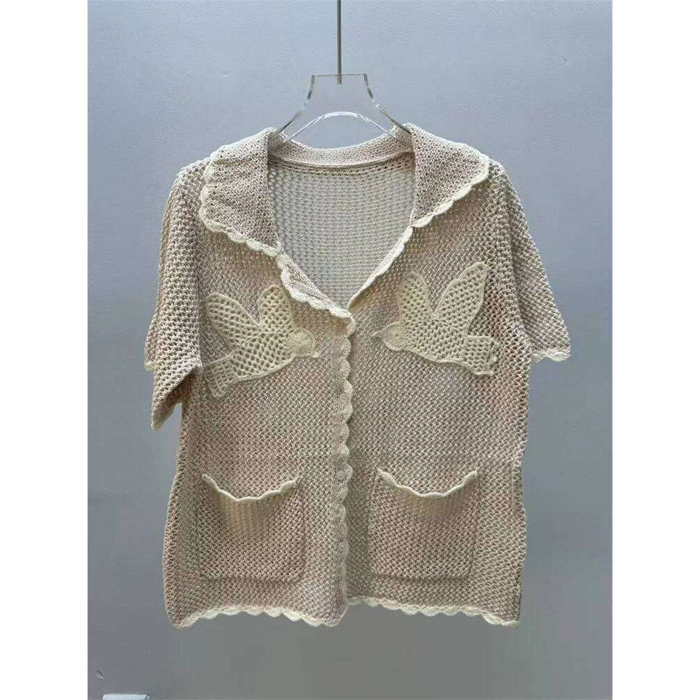 Embroidered Crochet Knit Shirt For Women Short Sleeve Ladies Mesh Hollow Out Knitted Blouse Tops