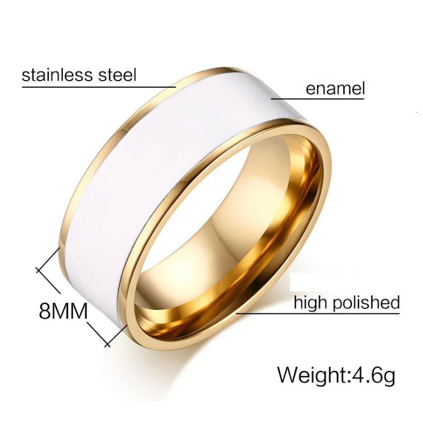 Gold Color Plating Stainless Steel Rings Cover Pure White Enamel Classic Ring Inisde Polished For Women Man Valentine 250610