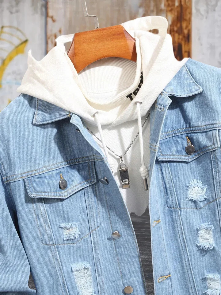 1PC Mens Casual Selling Blue Distressed Stone Wash Flight Jacket Everyday American Street Fashion Denim Jacket 250614