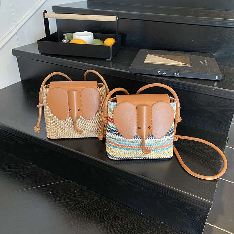 Summer New Bucket for Women Rainbow Elephant Woven Commuter Shoulder Crossbody Small Bag