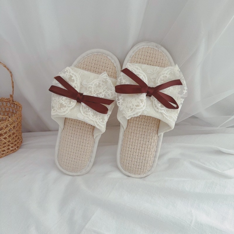 Ladies' breathable linen slippers, spring and summer lace bow shoes, indoor non slip sandals, designer sandals, cotton and linen slippers