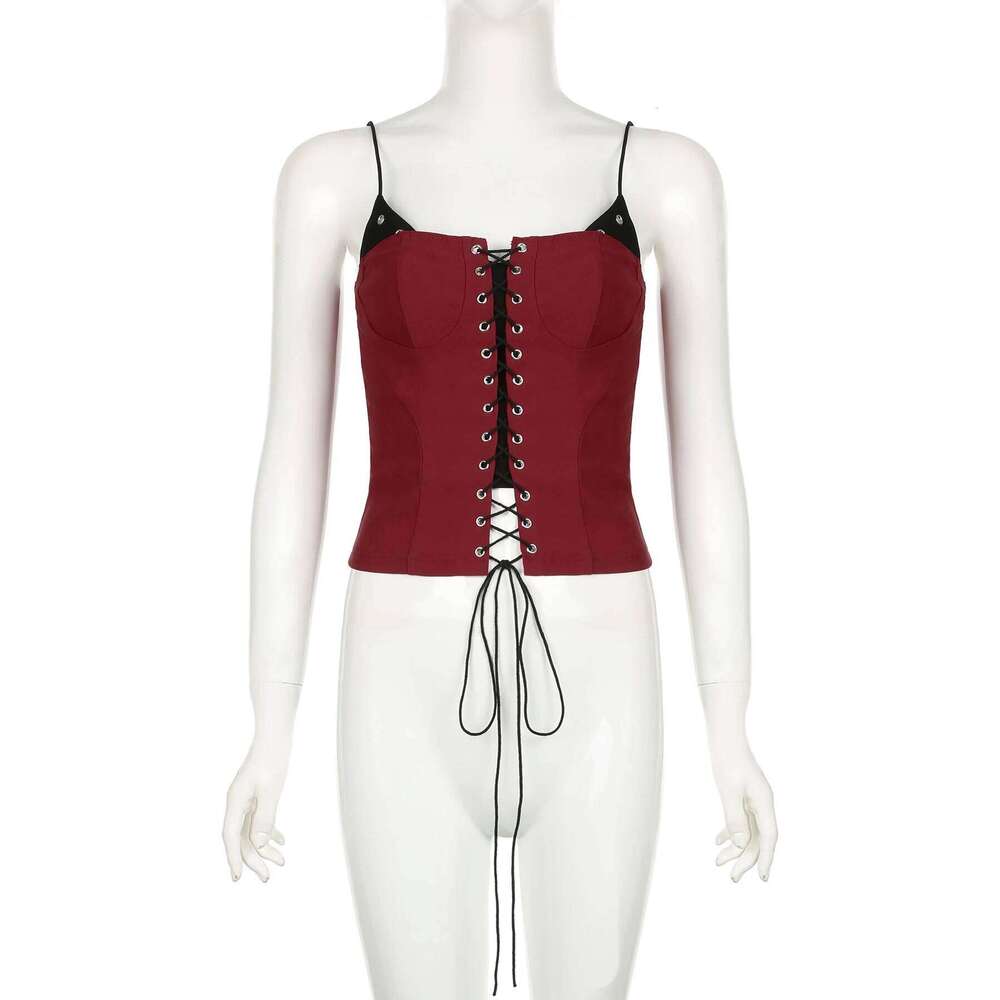 Gothic Patchwork Bandage Camis Top Dark Slim Slash Neck Sleeveless Tank Tops Women Summer Fashion Streetwear Lady