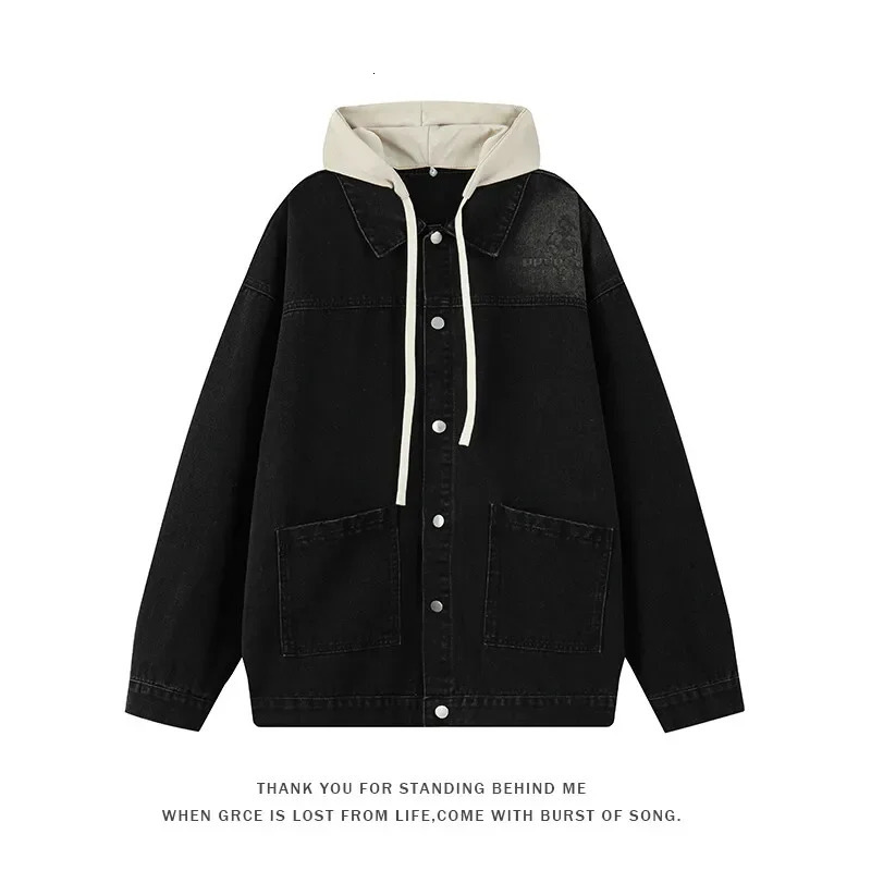 Street Style Denim Jacket Hoodie For Men Stitching Single Breasted Hoodies Slim Fit Coat Jean Jackets Streetwear 250614