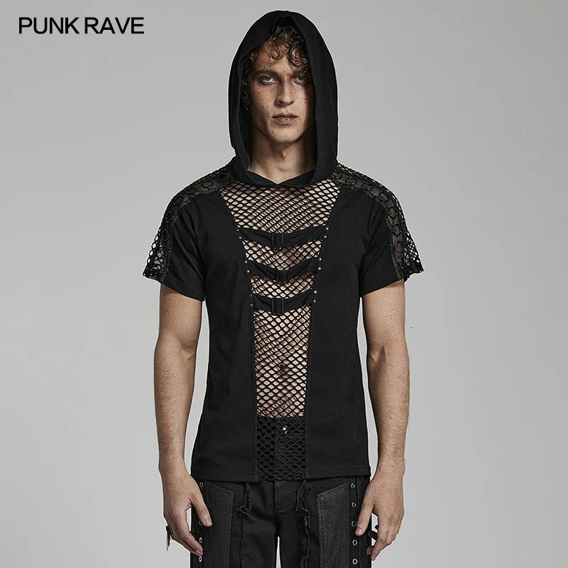 PUNK RAVE Mens Punk Elastic Knitted Charm Mesh Cutouts Sexy Hooded T-shirt Personality Hollow Casual Black Tops Tees Summer 250614