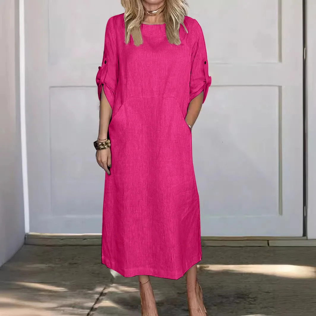 Cotton Linen Dress For Women Summer Loose Casual Solid Color Shortsleeved Pockets Long Dresses Elegant Womens Clothing 250611