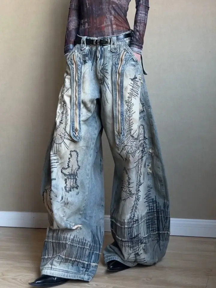 American Retro Washed Denim Jeans with Distressed and Printed n Loose Wideleg Streetwear Pants for Women 250612