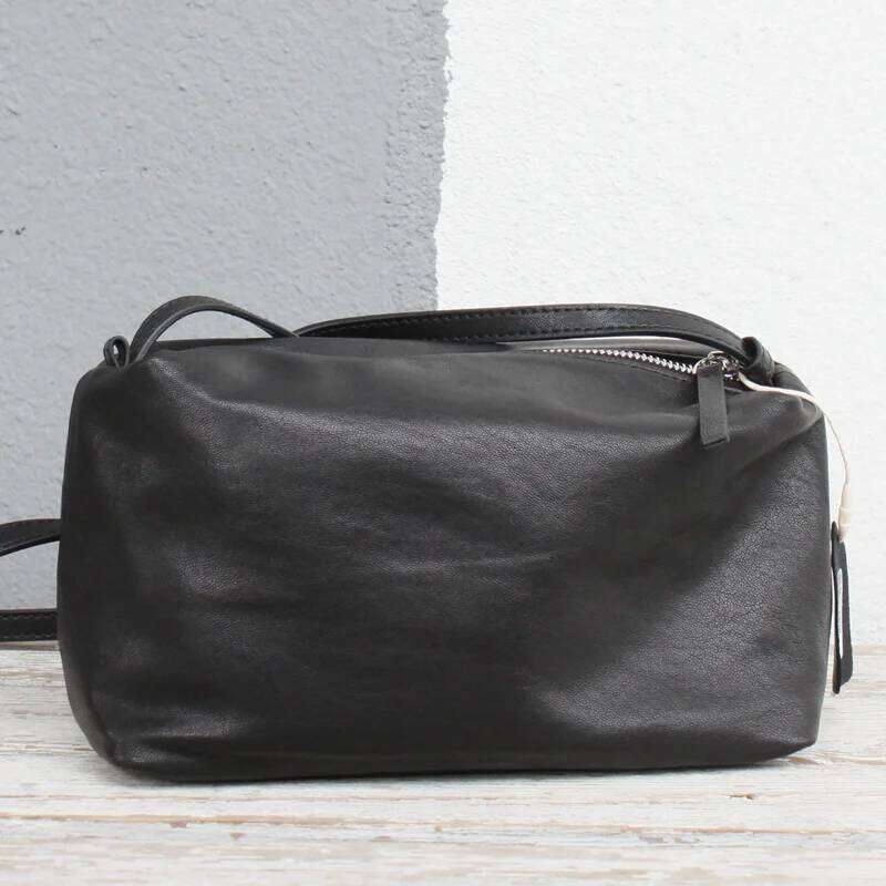 Women Soft Leather Crossbody Shoulder Vegetable Tanned Sheepskin Small Square Bag Simple Solid Color Lightweight Daily Purse