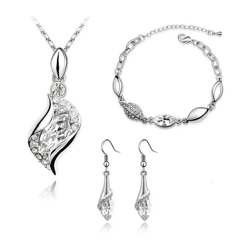 925 Sterling Silver Crystal Jewelry Set For Women Pendant Necklace Earrings Bracelet Set Fashion Jewelry 250609