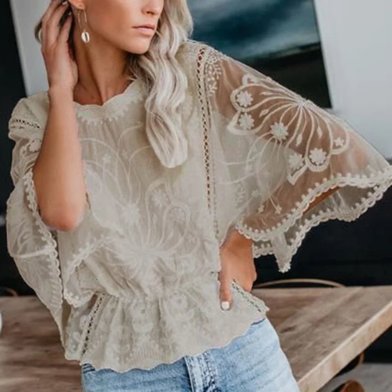 Fashion Elegant Blouse Women Chiffon Hollow Out Tops Spring Three Quarter Shirts Butterfly Flower Clothing 250614