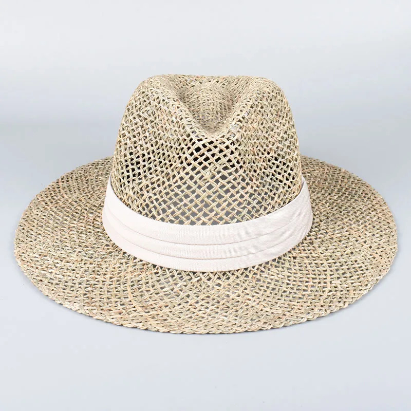 100% Natural Grass Straw Hat Women Summer Sun Protection Beach Sun Hat Wide Brim Panama Chapeau Sunhat Travel Jazz Caps 250610