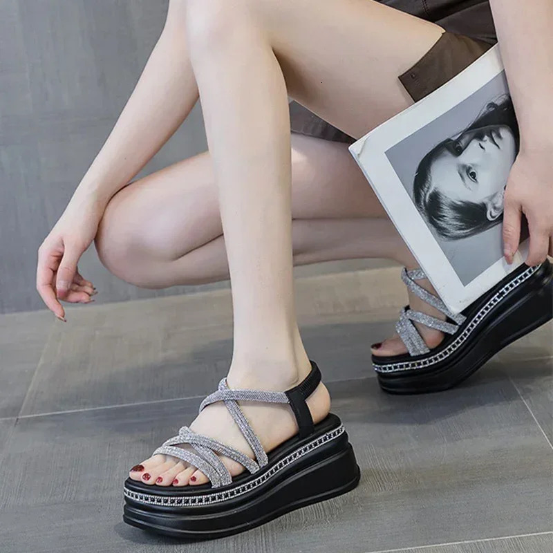 Open Toe Crystal Sandals Women Summer Platform Shoes High Heels 2025 Casual Shoes Student Dress Beach Slippers Mujer Zapatos 250610