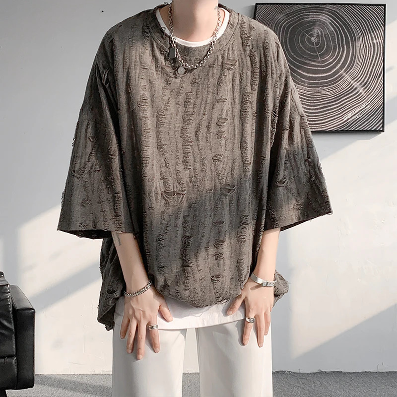 Summer Short Sleeved T-shirt Men Oversized Fashion Retro Hole T Shirt Men Streetwear Hip-hop Loose Round Neck T Shirt Mens Top 250614