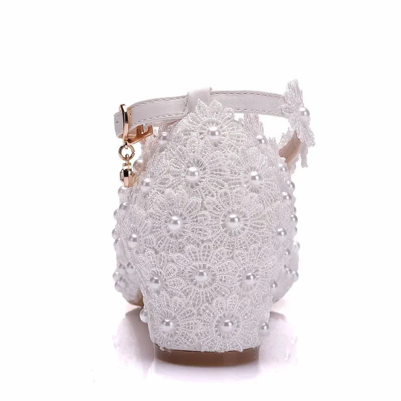 XIHAHA Fashion Female Wedding Shoes Bridesmaid Banquet White Lace Flower Pearl Round Toe Square High Heels Womens Bridal Pumps 250613